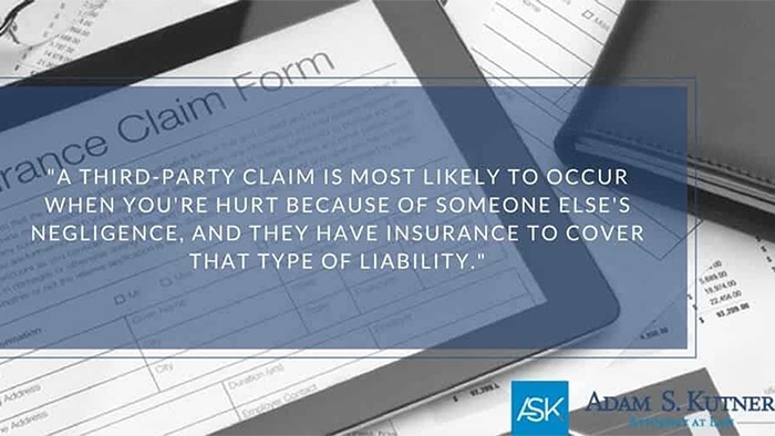 A quote saying, "a third-party claim is most likely to occur when you're hurt because of someone else's negligence, and they have insurance to cover that type of liability. " the quote appears on top of blank insurance forms.