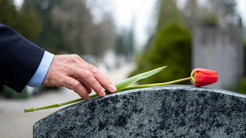 person putting red flower on grave