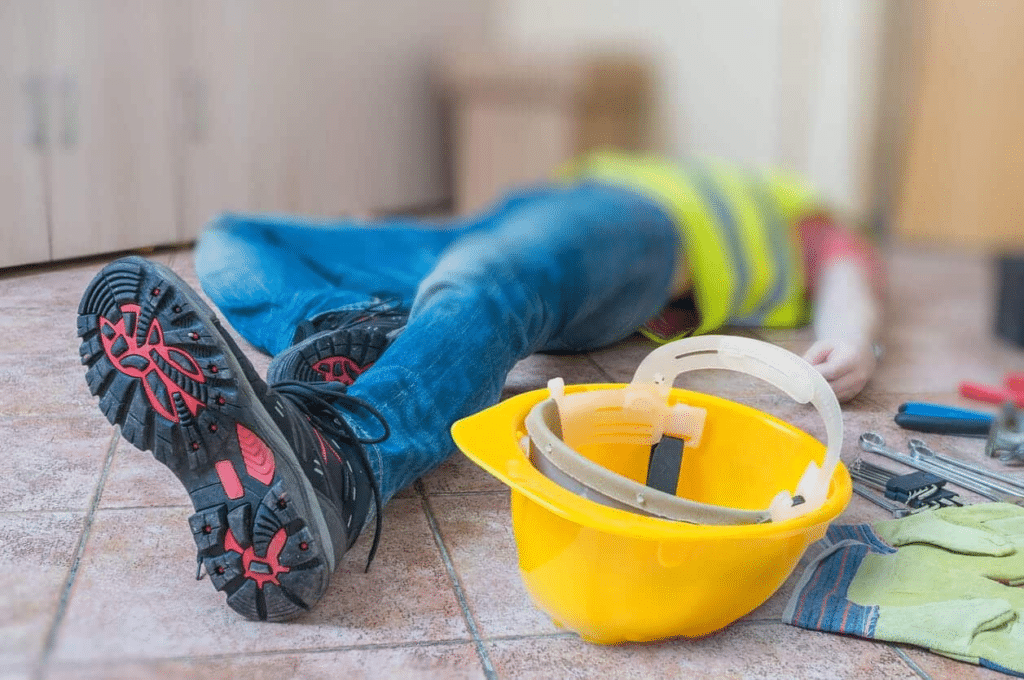 The focus is on the lower half of an injured worker lying on the ground; his yellow hard hat is next to him.