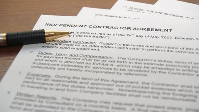 Up close view of an independent contractor agreement.