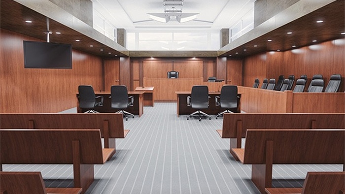 A photo of the inside of an empty Las Vegas courtroom.
