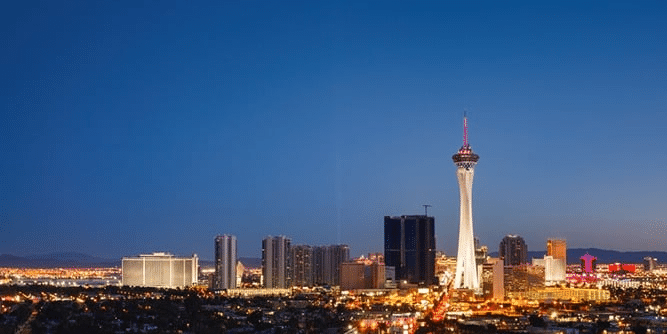 A skyline view of Las Vegas at night.