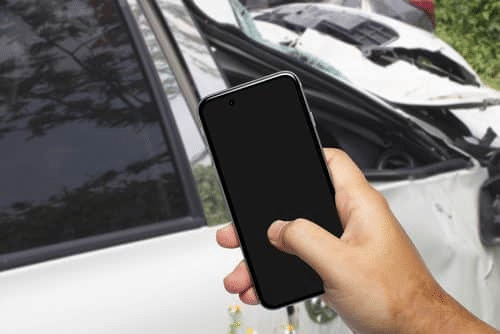 Person using phone after a car accident
