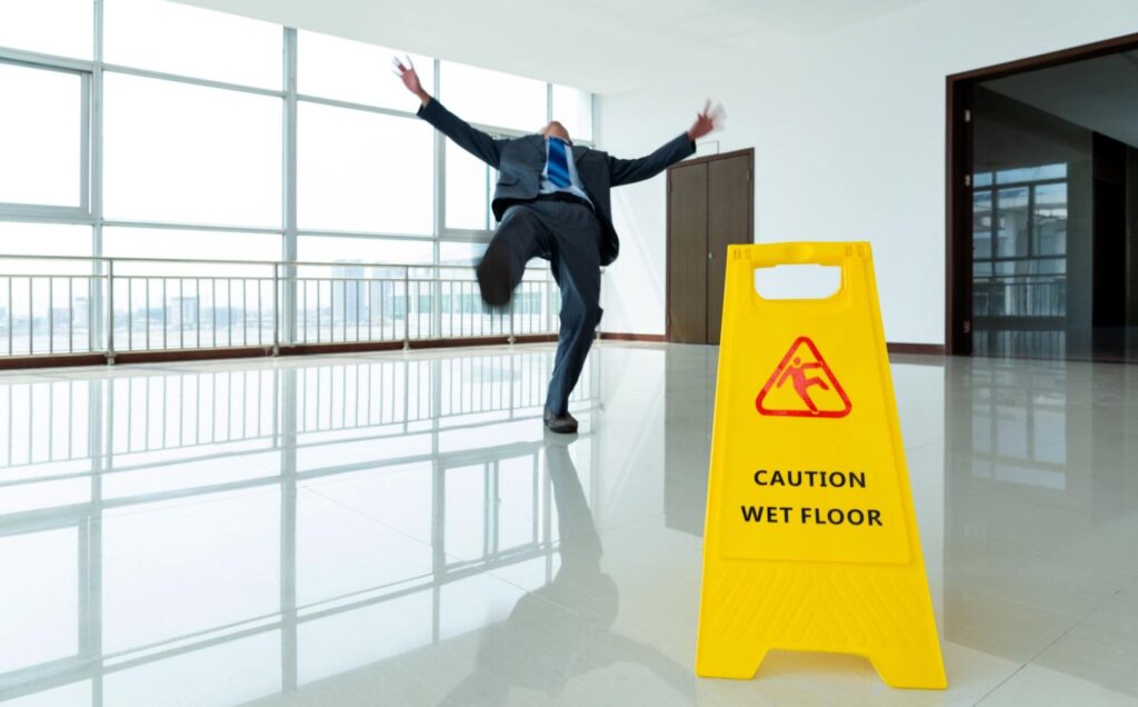 Man falling in front of caution sign