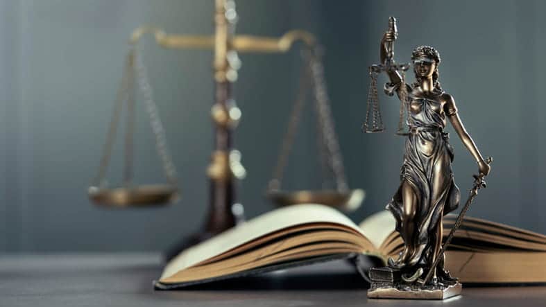 A statue of Lady Justice stands in front of an open book. In the background and out of focus is the scales of justice.