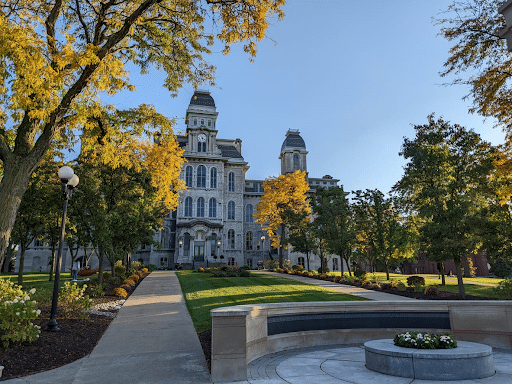 An exterior view of a college campus.