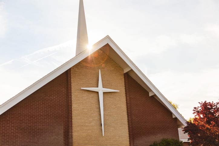 An exterior view of a church.