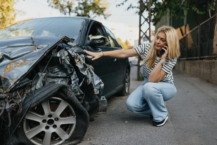 A woman on the phone as she inspects the damage to her vehicle after a single-car accident.