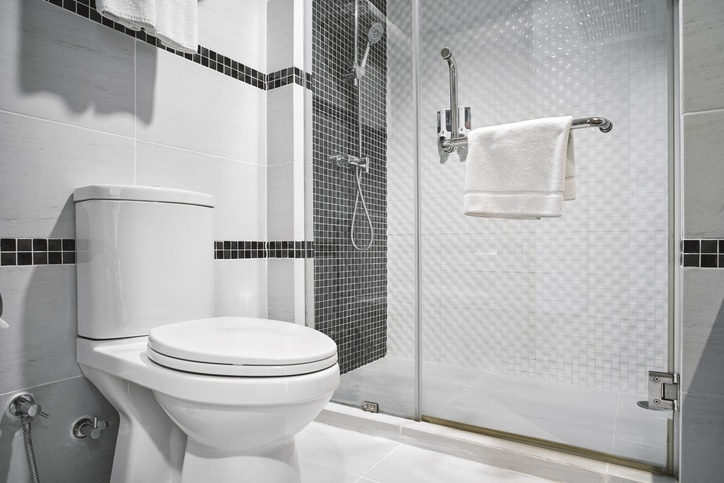 A toilet and shower in a hotel room.