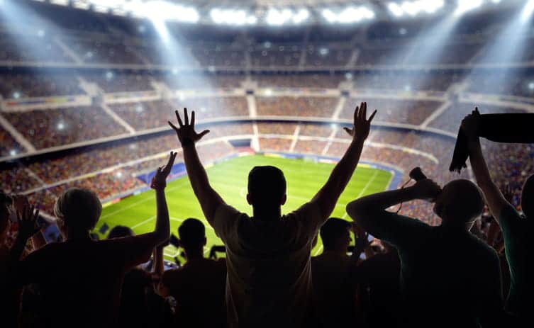 Fans standing and cheering at a sporting event.