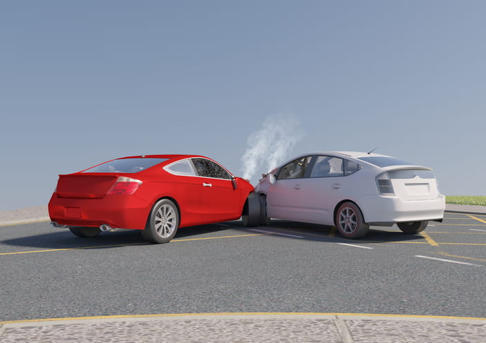 A red and white vehicle crashed together, both front ends are damaged.