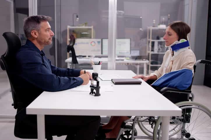 Spring Valley Personal Injury Attorney 1 A woman in a neck brace, arm sling, and wheelchair meets with her personal injury attorney after an accident.