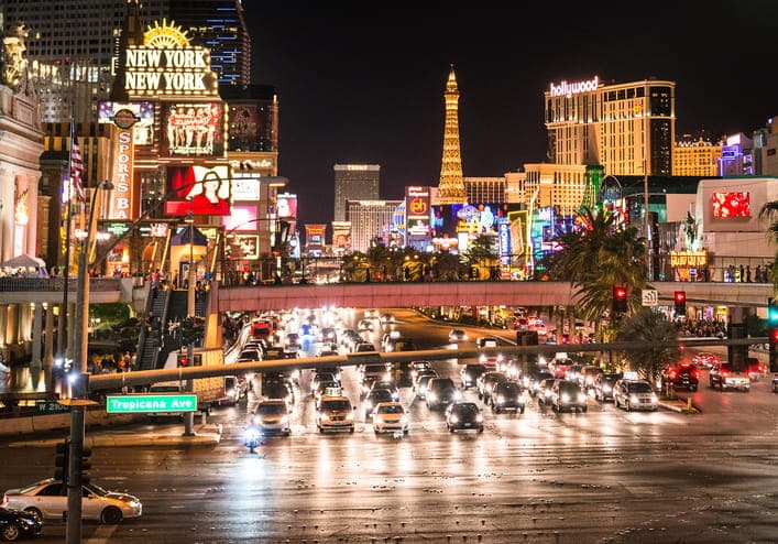 Experienced Personal Injury Lawyers On The Las Vegas Strip 1 An image of the traffic on the las vegas strip at night.