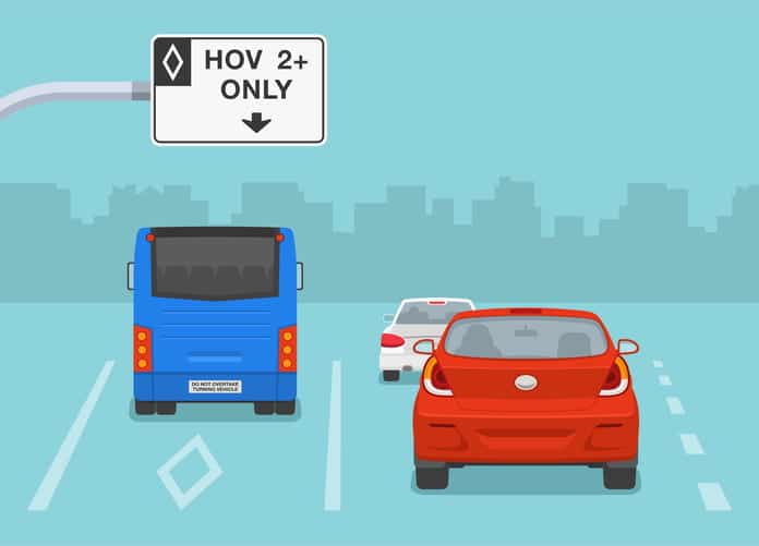 Push To Remove Hov Lanes In Las Vegas Gains Momentum 1 A graphic showing a van driving in a hov lane that has 2+ only sign above it.