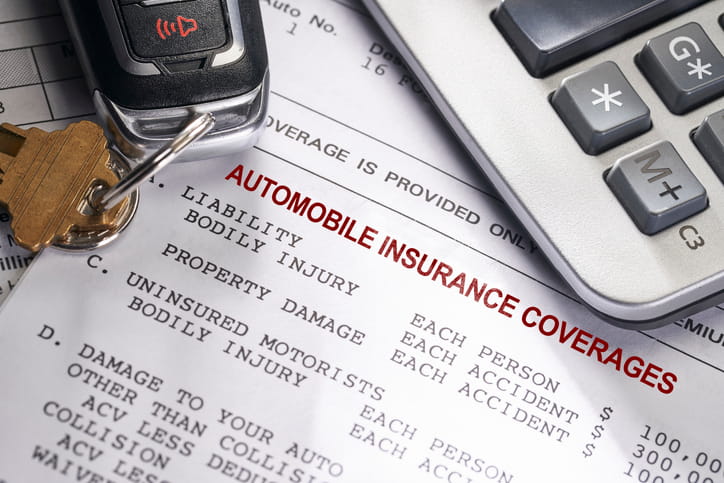 A report that reads "automobile insurance coverages" underneath a calculator and a set of car keys.