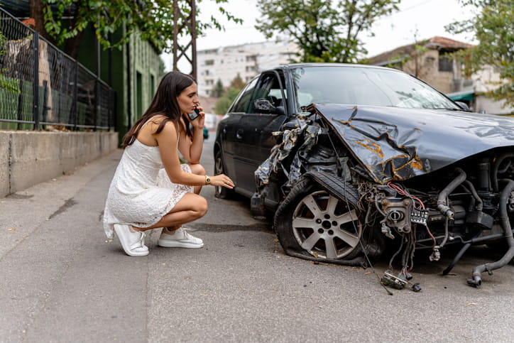 Summerlin South Car Accident Attorney 1 A woman on the phone while she looks at her crashed vehicle.