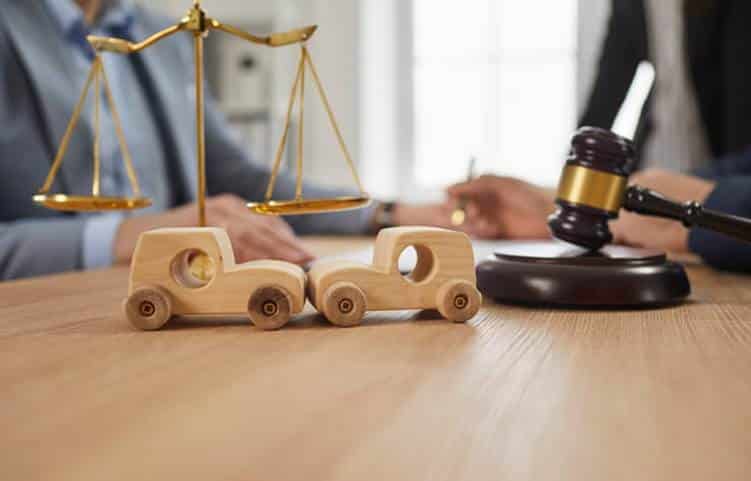 Toy cars that got into a crash on a table with a gavel and justice scales. There is also accident lawyers in the background.